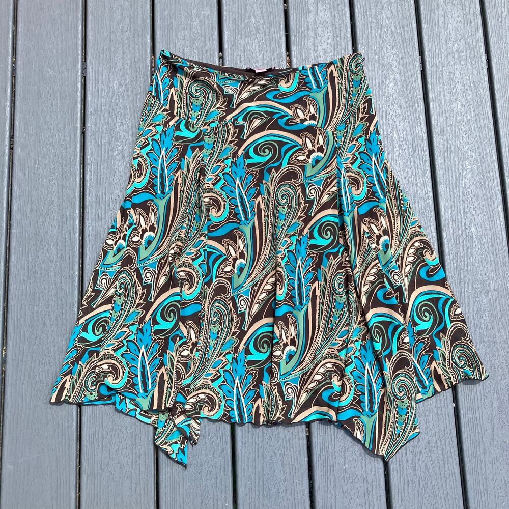 Blue and brown groovy bohemian midi skirt handkerchief hem, Y2K boho chic fairy